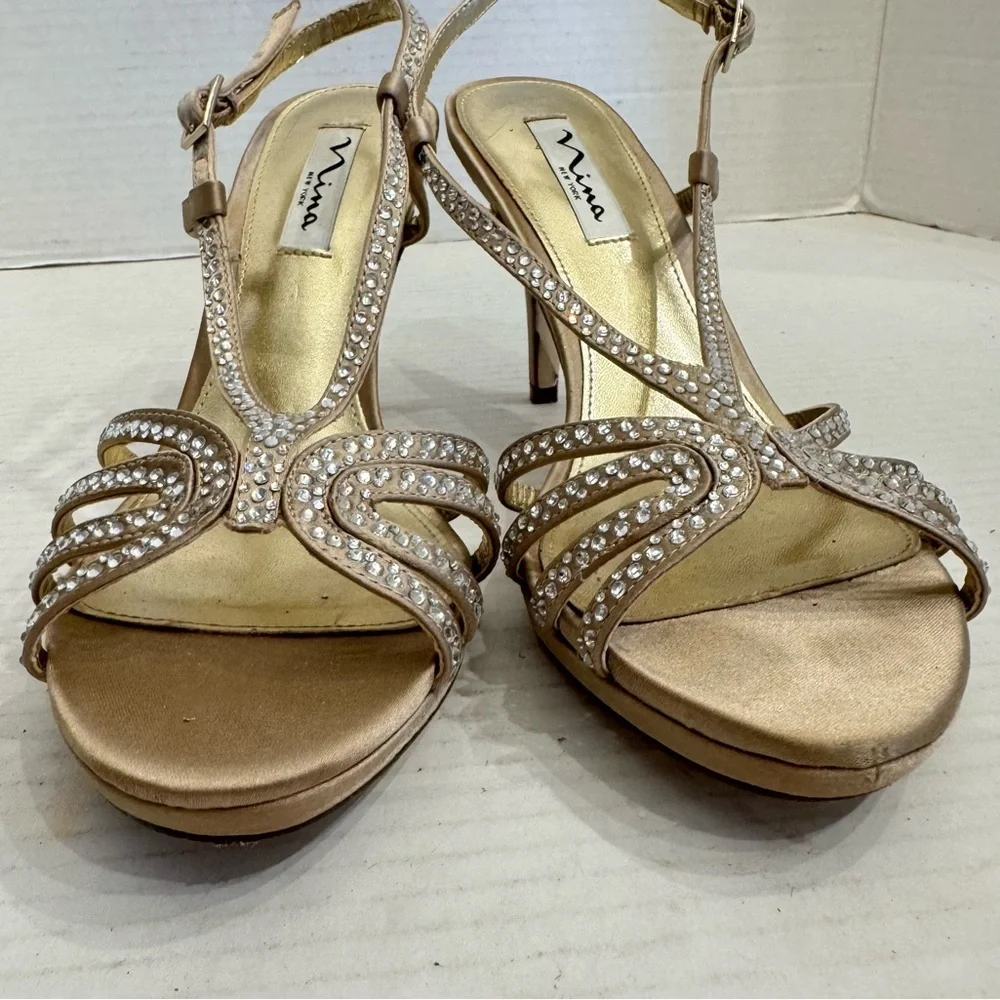 Nina Gold Rhinestone Strappy Heels Sz 7.5 Party Shoes Wedding Formal Cocktail